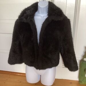 VINTAGE SHORT BLACK FAUX FUR LINED JACKET WITH POCKETS 3/4 SLEEVES SIZE MED/LG